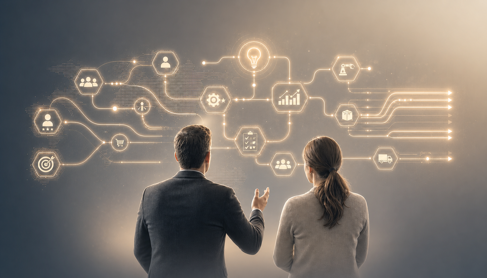 Connected workflow paths representing people, processes, technology, and business growth